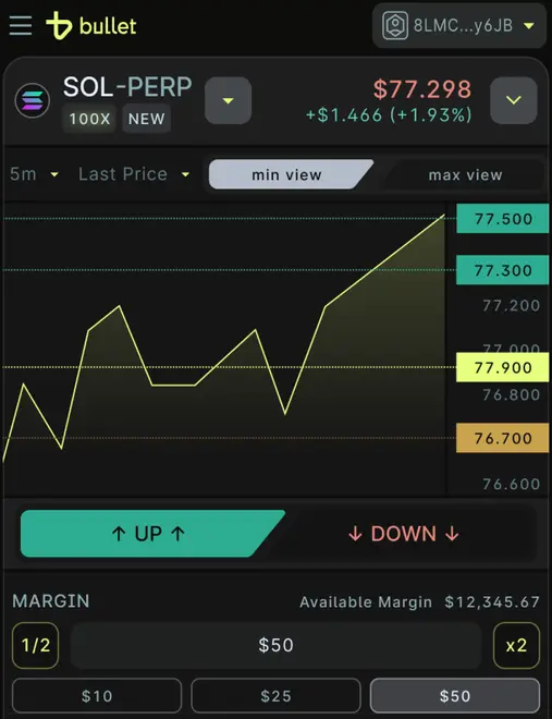 Bullet mobile app — SOL-PERP price chart with long and short buttons and a margin selector