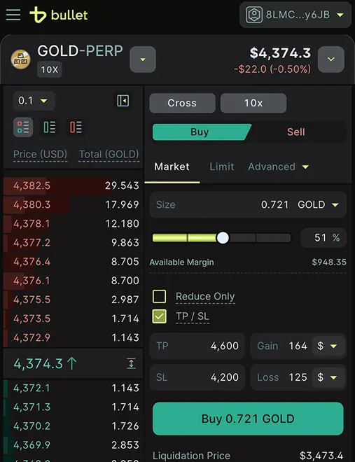 Bullet mobile app — GOLD-PERP order book beside a market order ticket